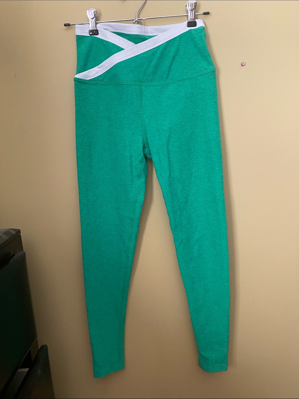 Beyond Yoga Midi Green Leggings with White Crossover Waistband, Size Small